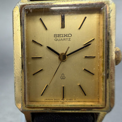 Seiko Tank Watch Women 20mm Champagne Dial Gold Tone 2621-5110 New Battery1
