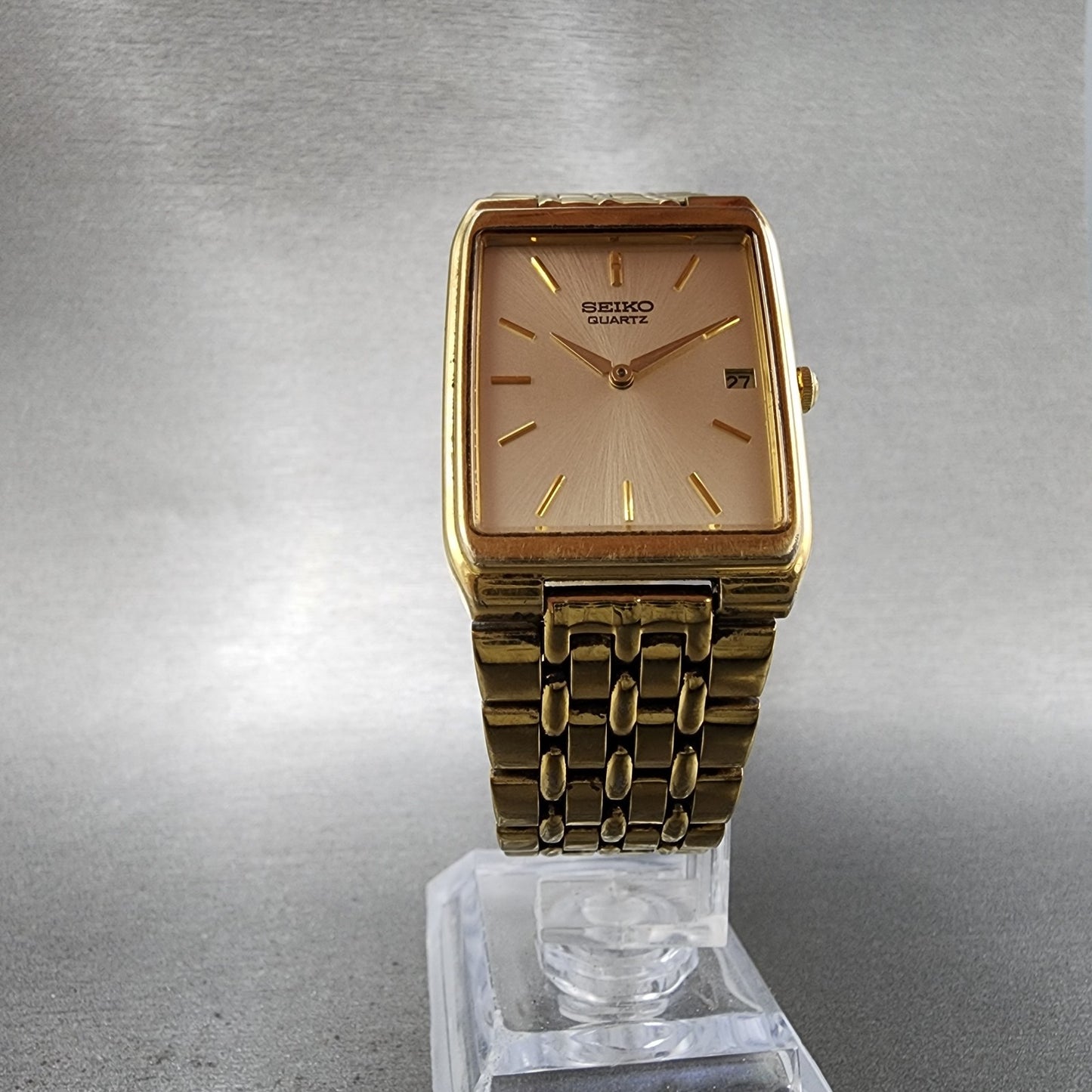 Seiko Tank Watch Men 27mm Champagne Dial Gold Tone Date 7n295b29 New Battery6