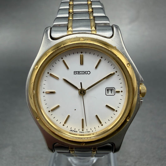 Seiko Watch Women 28mm White Dial Two Tone Date Round 7N82-0790 New Battery VTG0