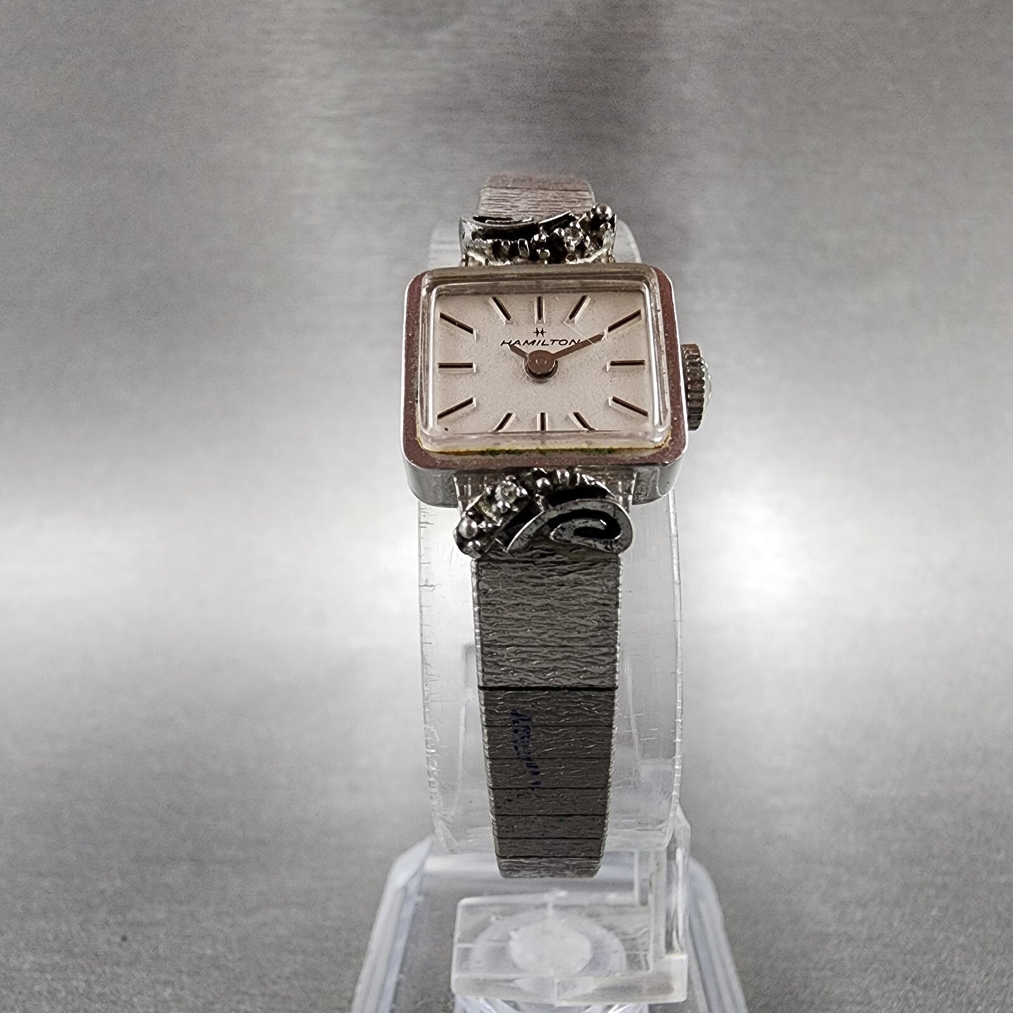 Hamilton Watch Women 15mm White Dial 10K Gold Plated Diamond Accent Manual Wind4