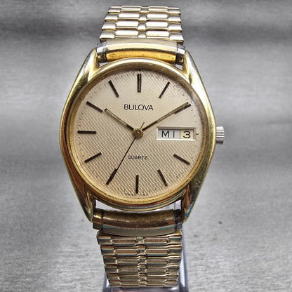 Bulova Watch Men 32mm Champagne Dial Gold Tone Daydate Round 7163 New Battery0