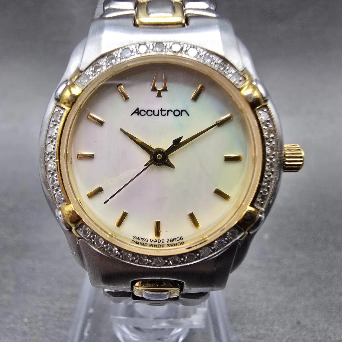 Bulova Accutron Watch Women 26mm MOP Dial Two Tone Diamonds New Batt 28R060