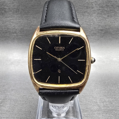 Citizen CQ Watch Men 32mm Black Dial Gold Tone Rectangle 4-795547 New Battery0