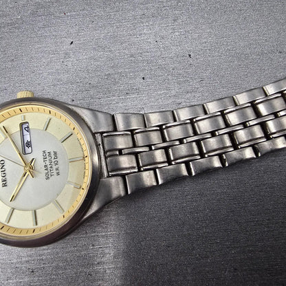 Citizen Reguno Solar Watch Men 34mm Champagne Dial Titanium Daydate Runs READ!!!6