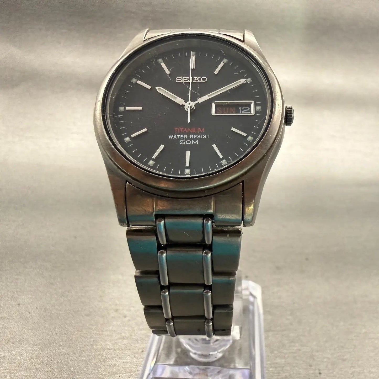 Seiko Titanium Watch Men 36mm Black Dial Gray Daydate Round 7N43-9050 New Batt5