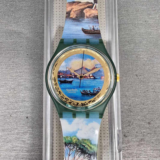 Swatch Sole Mio Watch Men 34mm Blue Dial Green Case GM124 New Battery NOS0