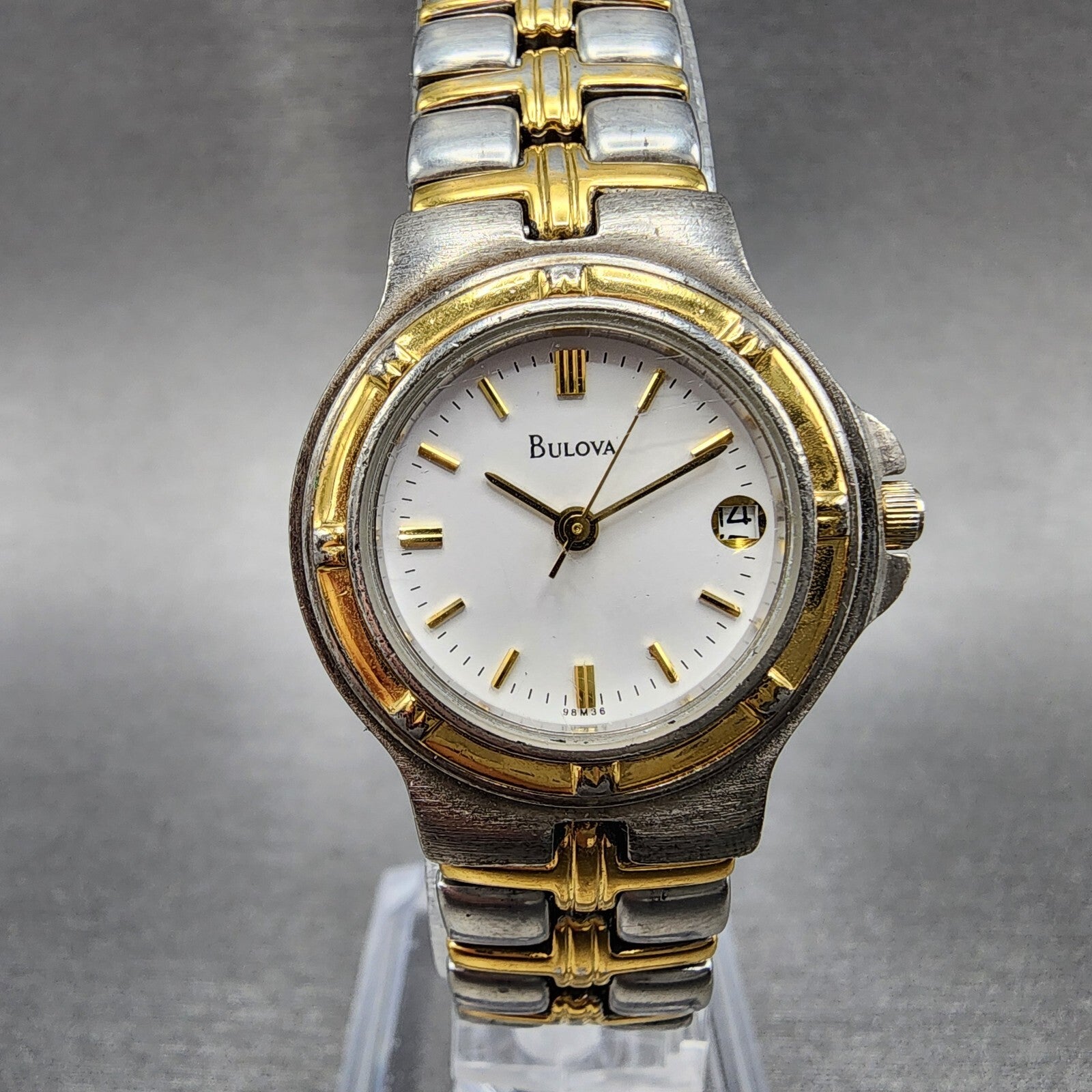 Bulova Watch Women Two Tone White Dial Date 25mm Round 98M36 New Battery A1230
