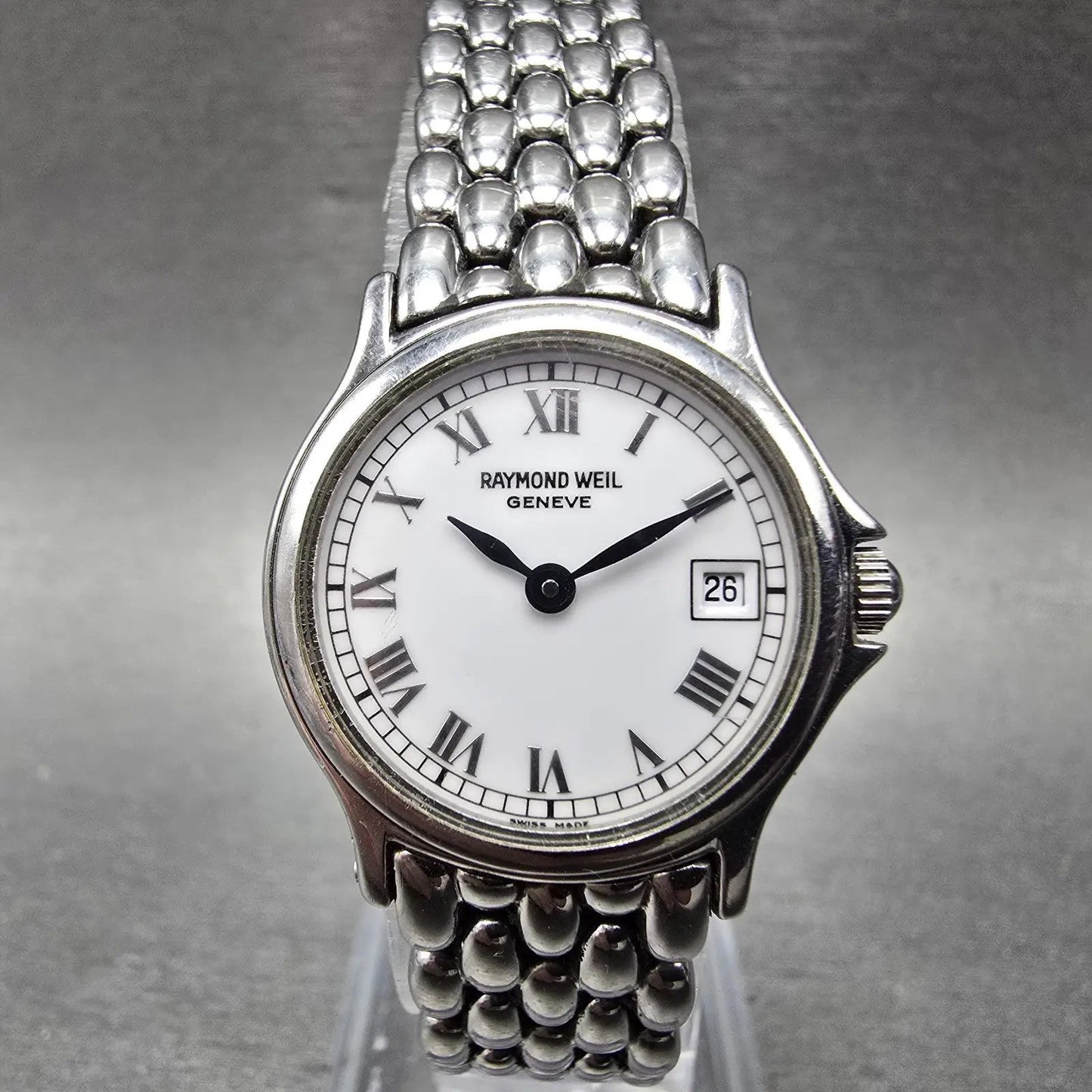 Raymond Weil Watch Women 24mm White Dial Silver Tone Date 5377 New Battery0