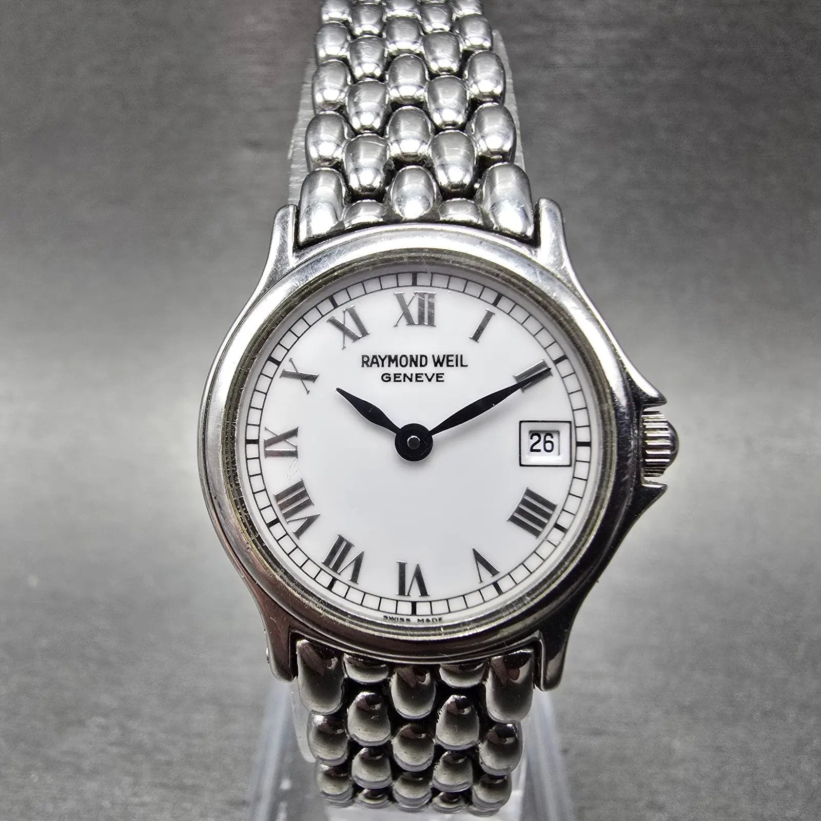 Raymond Weil Watch Women 24mm White Dial Silver Tone Date 5377 New Battery0
