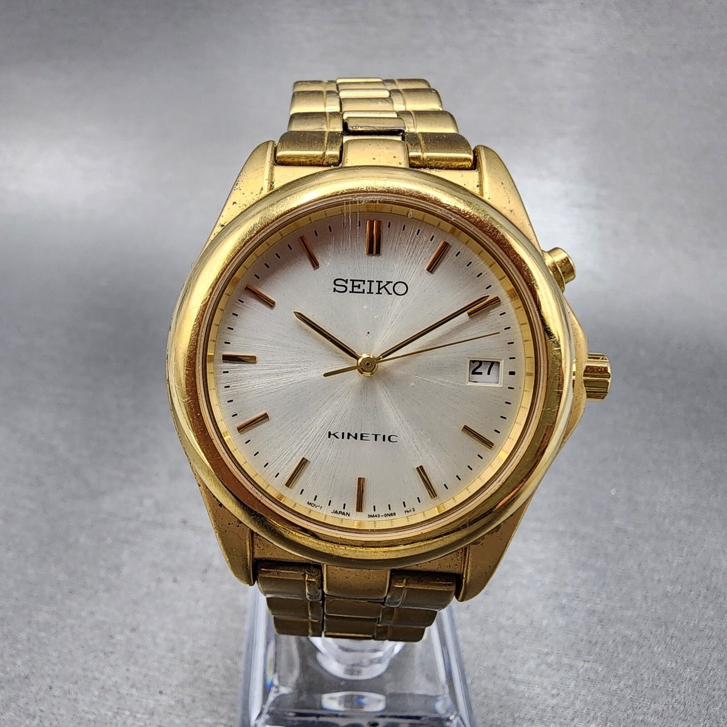 Seiko Kinetic Watch Men 38mm White Dial Gold Tone Date Round 5M420K69 PARTS0
