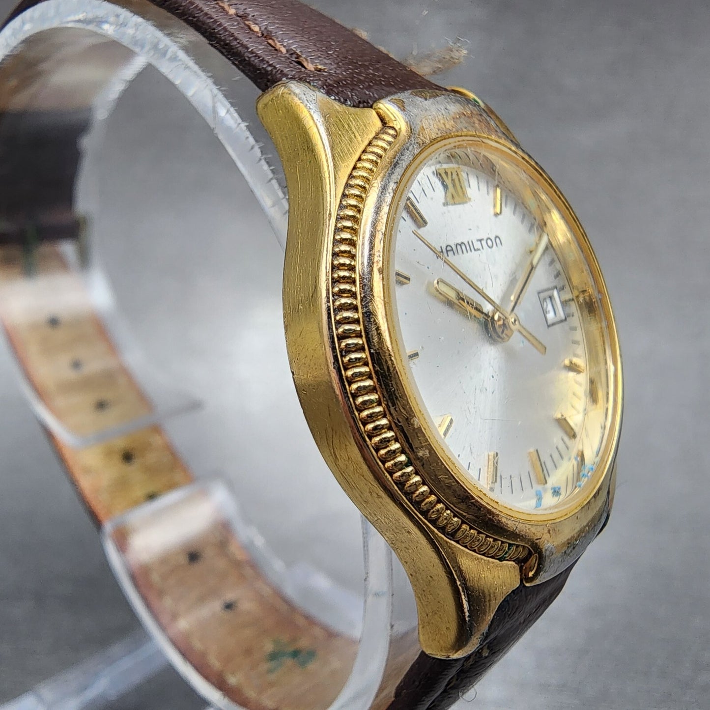 Hamilton Watch Women 26mm Silver Dial Gold Tone Date Round 8460 PARTS4