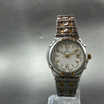 Bulova Watch Women 27mm White Dial Two Tone Date Round 98U26 New Battery5