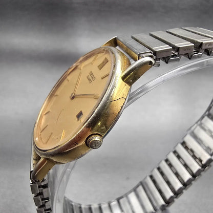 Seiko Watch Men 32mm Gold Dial Gold Tone Date Round 5Y39-7010 New Battery VTG2