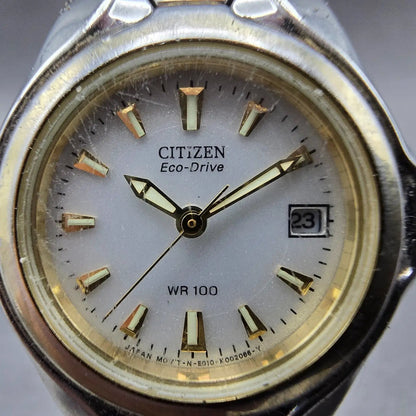 Citizen Eco-Drive Watch Women 27mm Silver Dial Two Tone Date E010-K001200 Runs1