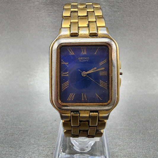 Seiko Tank Watch Men 27mm Blue Dial Gold Tone 7n015009 New Battery READ!!!!!!!!0