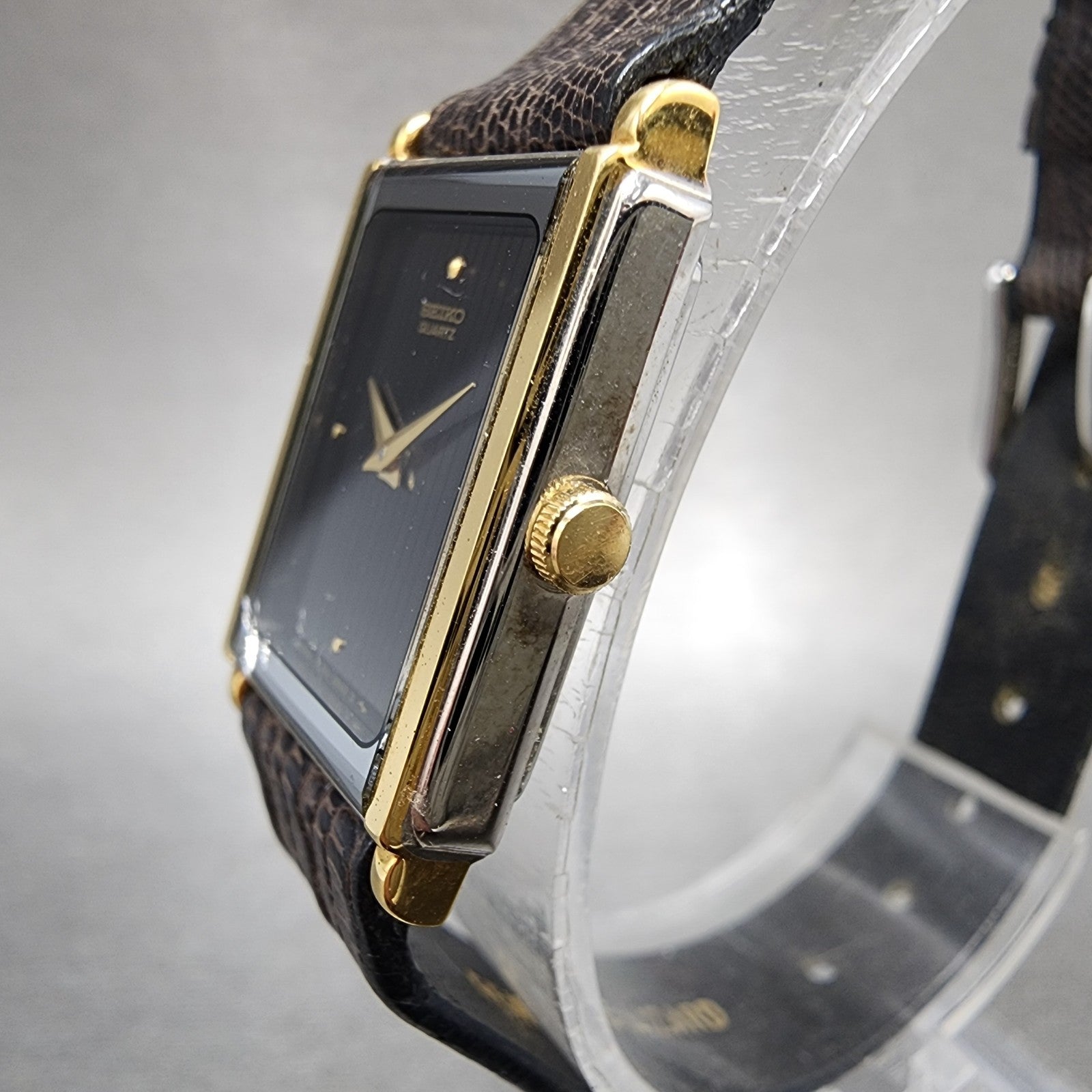 Seiko Tank Watch Women 17mm Black Dial Two Tone Rectangle 2C208249 New Batt NOS2