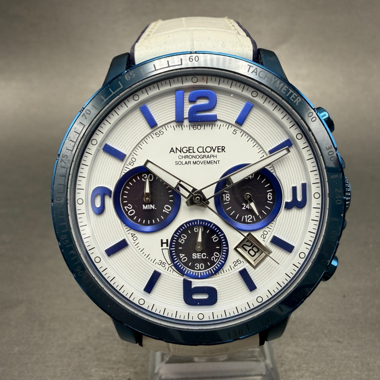 Angel Clover Chronograph Watch Men 44mm White Dial Blue Tone Date Solar Works0