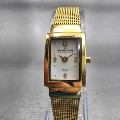 Skagen Tank Watch Women 14mm MOP Dial Gold Tone Rectangle 490SGG New Battery B0