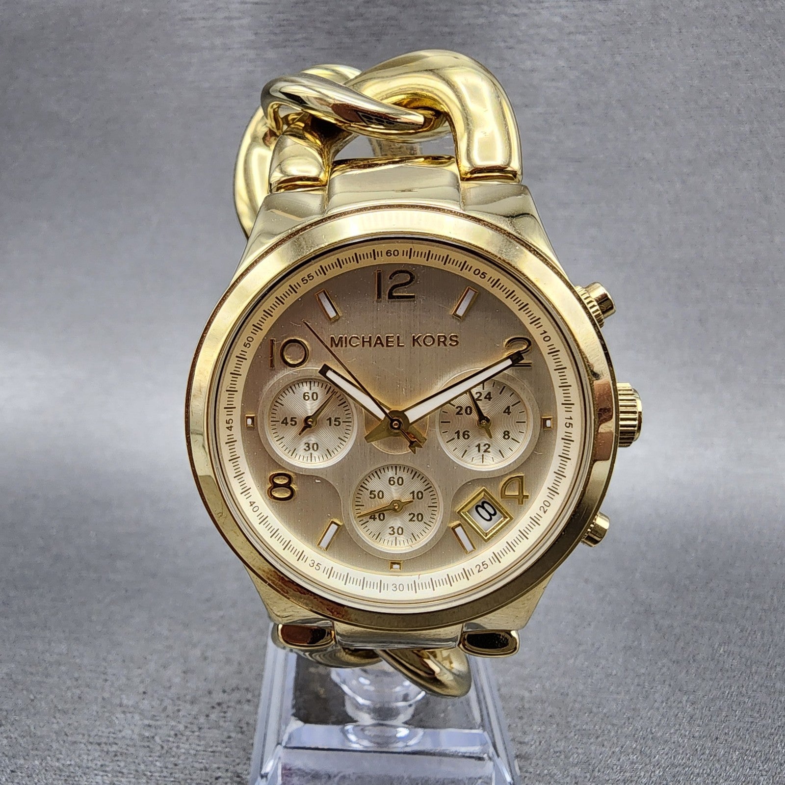 Michael Kors Runway Chronograph Watch Women 38mm Gold Dial Gold Tone New Battery1