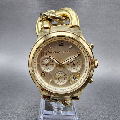 Michael Kors Runway Chronograph Watch Women 38mm Gold Dial Gold Tone New Battery1