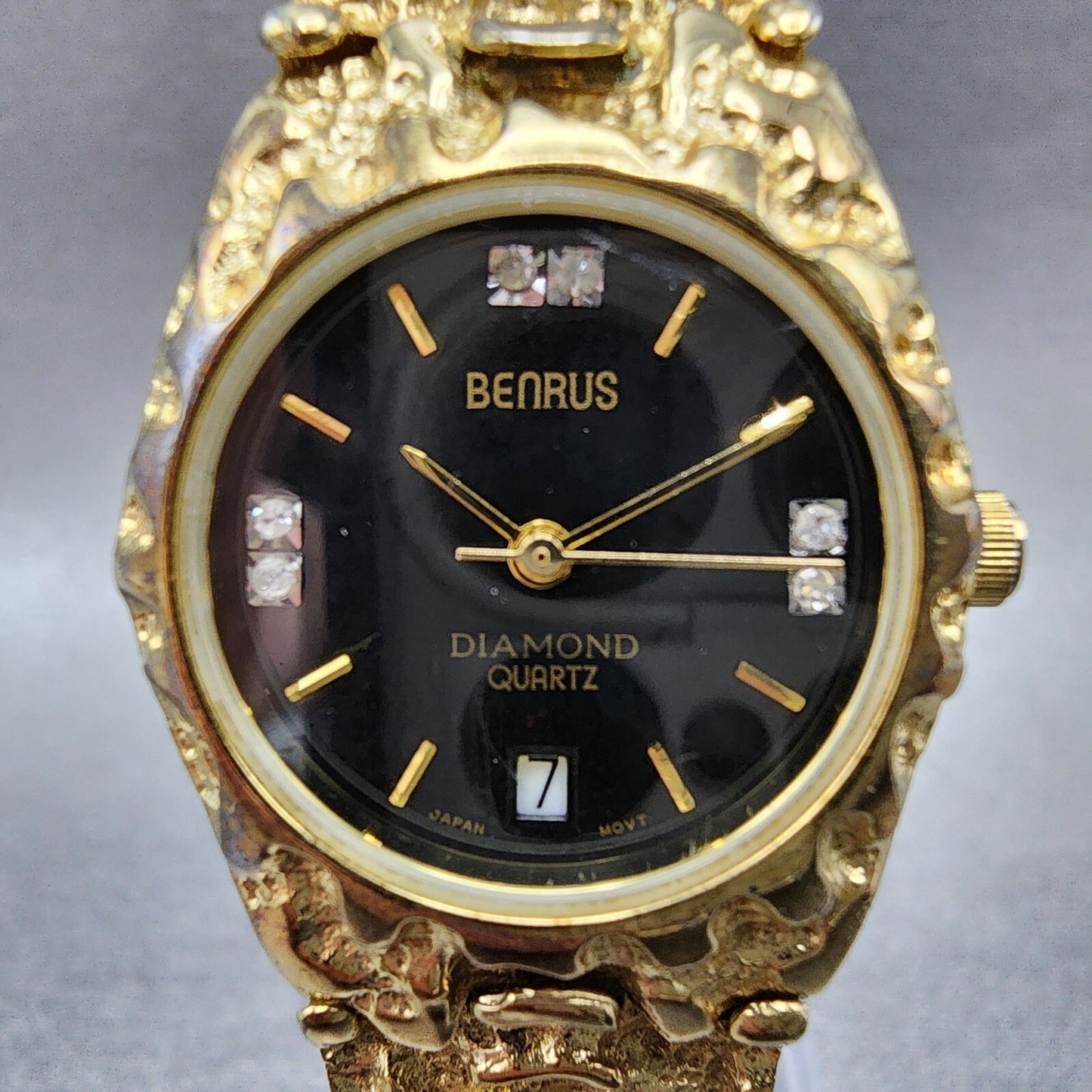 Benrus Gold Nugget Watch Women 25mm Black Dial Gold Tone Date Round New Battery1