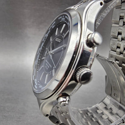 Seiko World Time Solar Watch Men 39mm Black Dial SteelAtomic 7B25-0AG0 READ!!!!!3