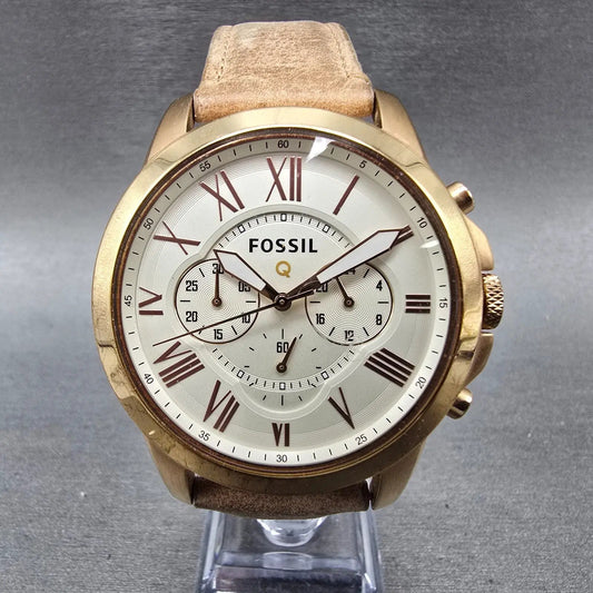 Fossil Q Chronograph Watch Men 44mm Cream Dial Rose Gold Tone Round New Battery0