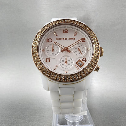 Michael kors Chronograph Watch Women 39mm White Dial Ceramic Date Round New Batt5