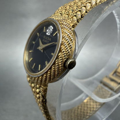 Bulova Watch Women 19mm Black Dial Gold Tone Round Mesh Band P7 New Battery VTG2