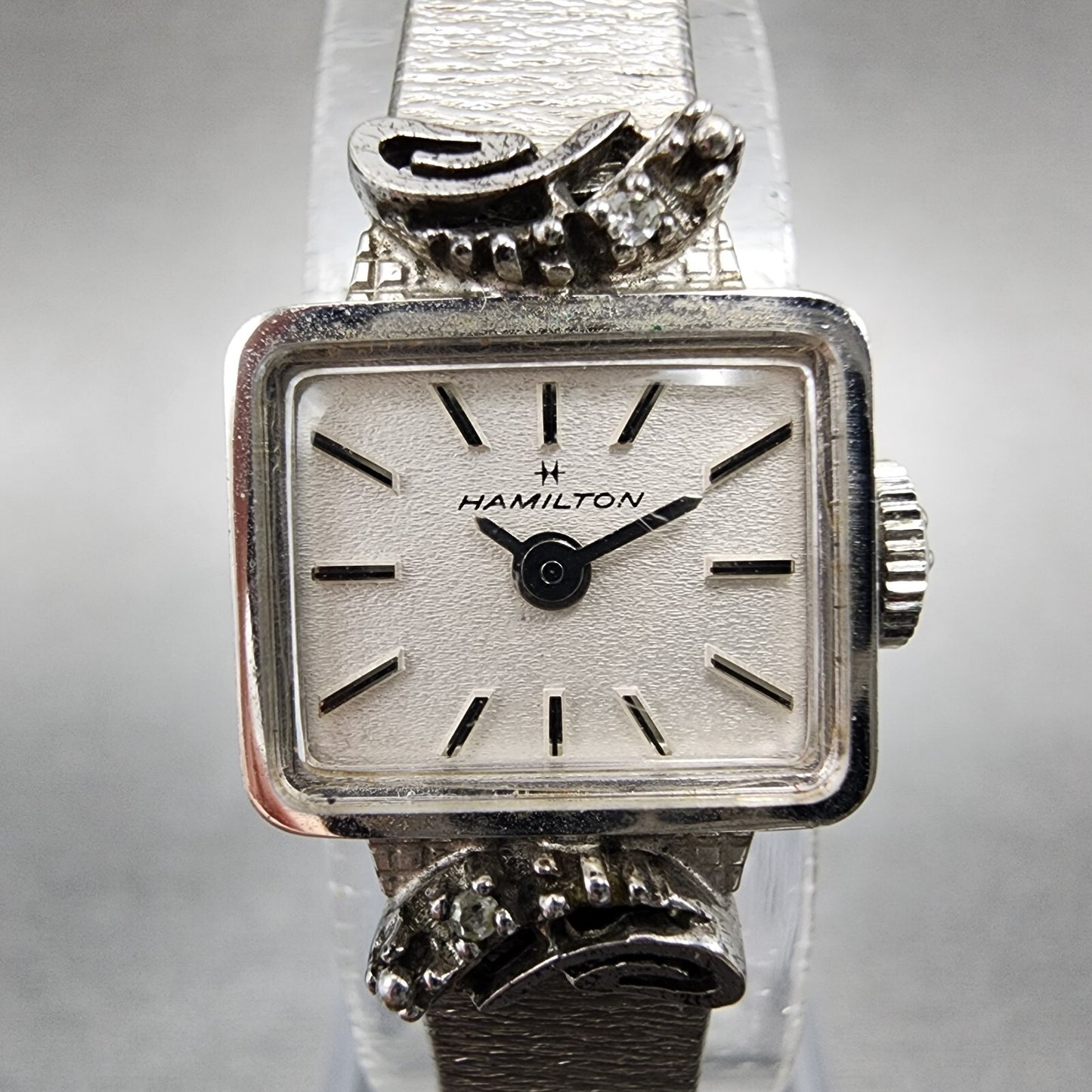 Hamilton Watch Women 15mm White Dial 10K Gold Plated Diamond Accent Manual Wind0
