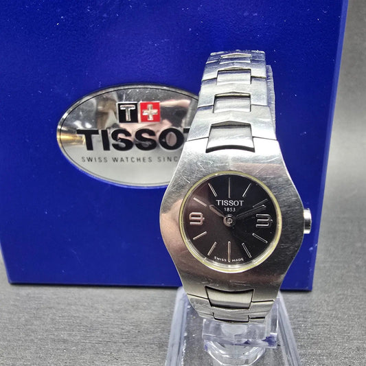 Tissot Watch Women 23mm Black Dial Silver Tone Round L520 New Battery W/box0