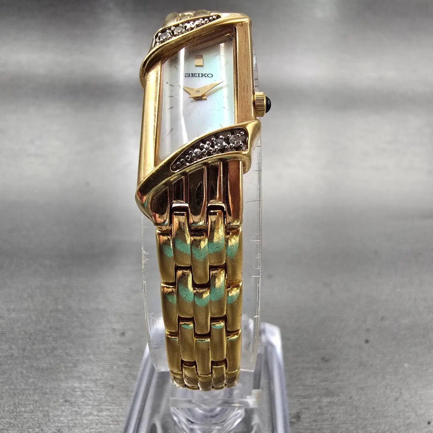 Seiko Watch Women 14mm MOP Dial Gold Tone Gemmed 2E20-7399 New Battery Vintage5