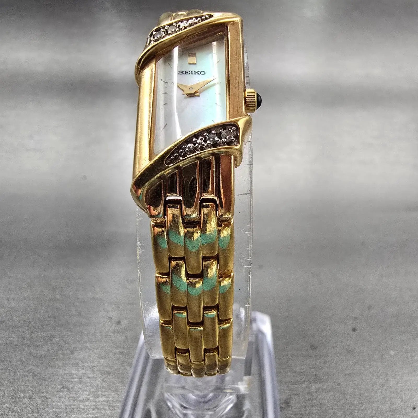 Seiko Watch Women 14mm MOP Dial Gold Tone Gemmed 2E20-7399 New Battery Vintage5