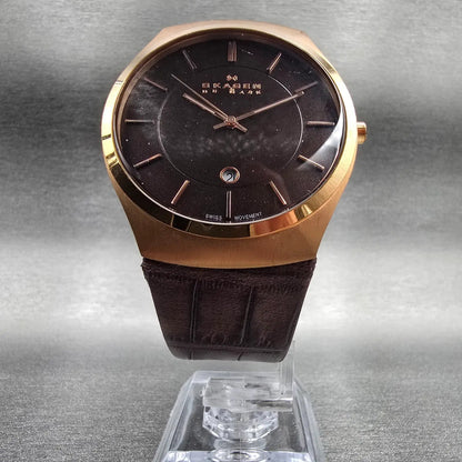 Skagen Watch Men 39mm Brown Dial Rose Gold Tone Date Round 925XLRLD New Battery5