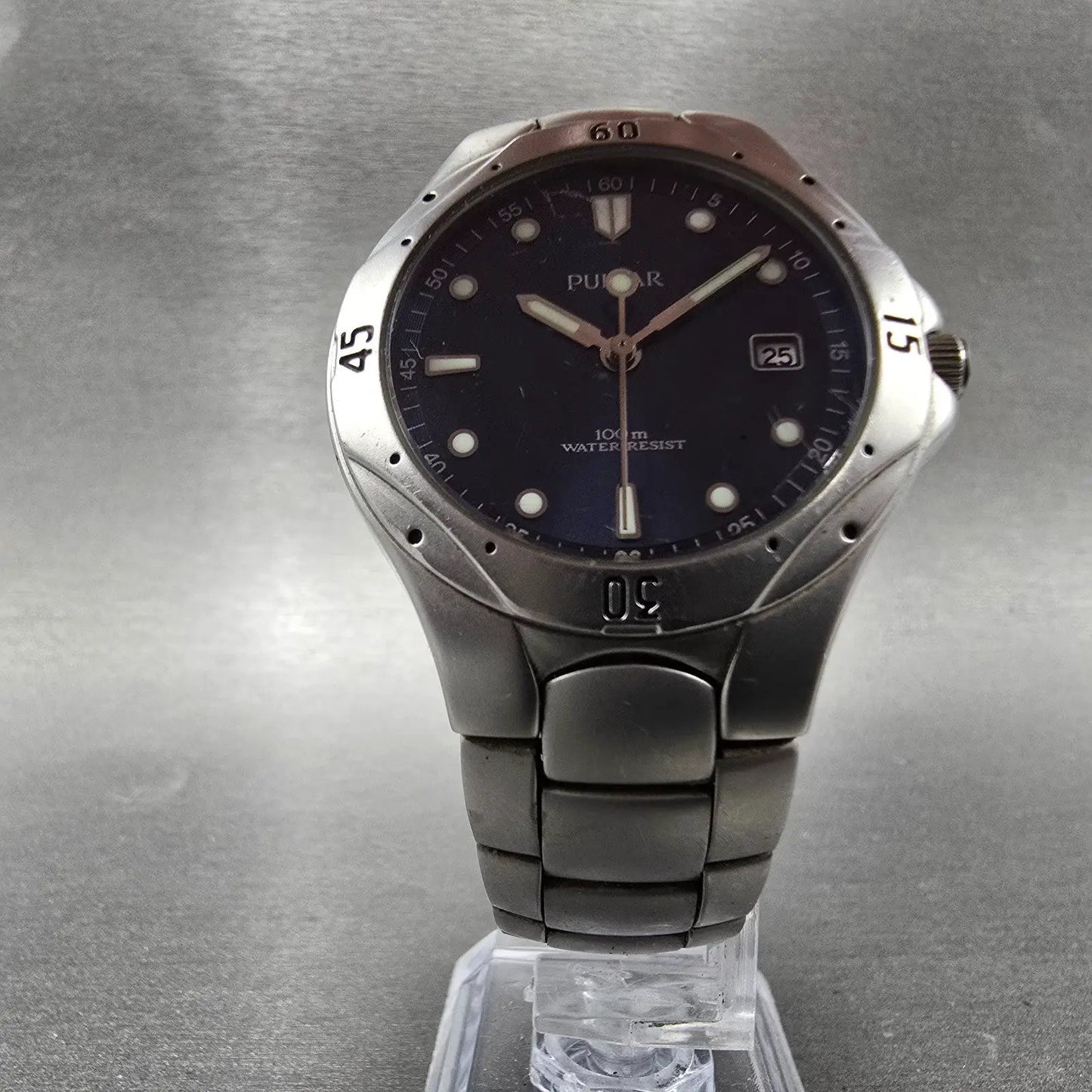 Pulsar Dive Watch Men 36mm Blue Dial Silver Tone Date Round V732-X206 PARTS7