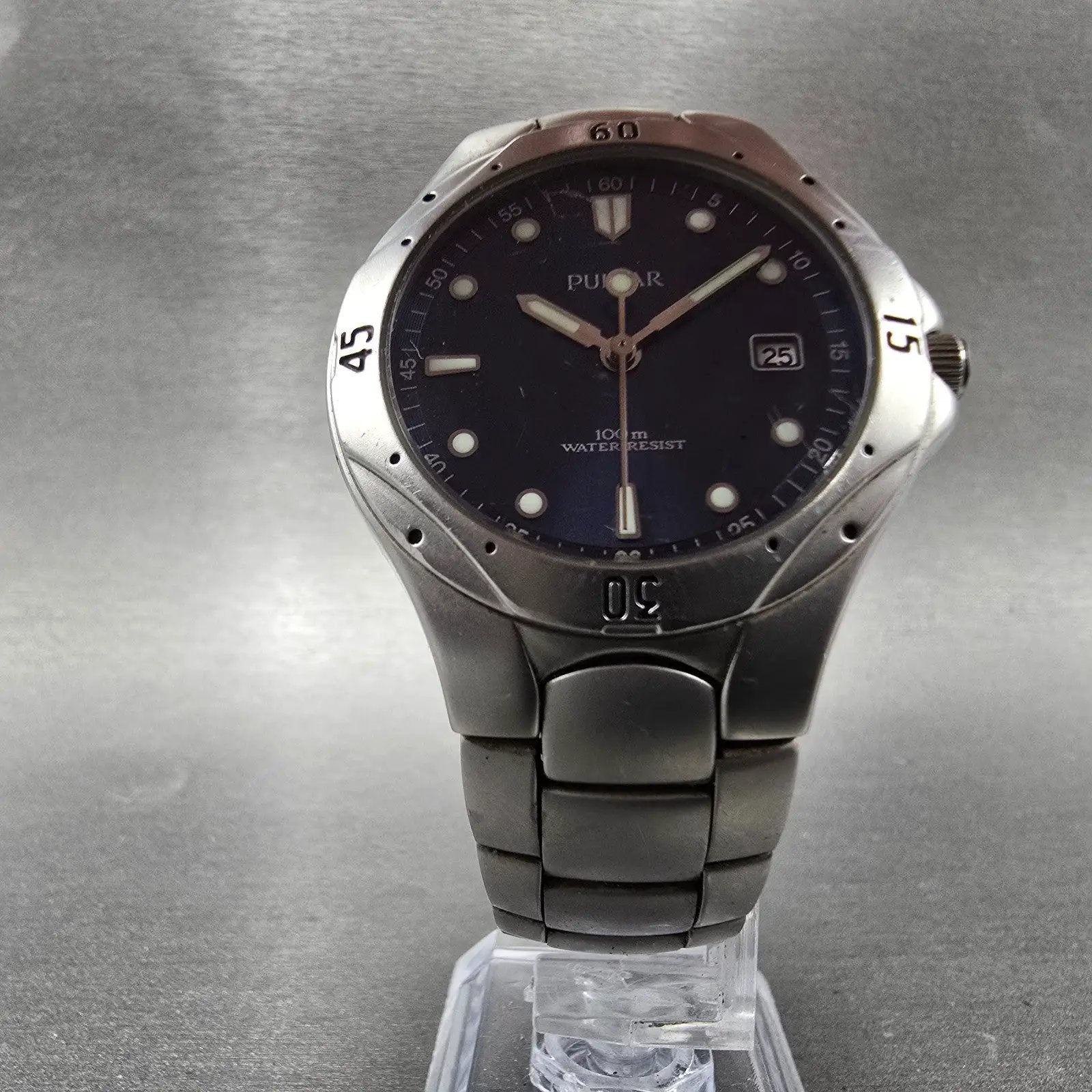 Pulsar Dive Watch Men 36mm Blue Dial Silver Tone Date Round V732-X206 PARTS7