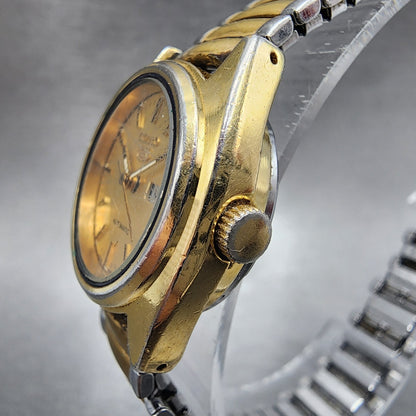 Seiko 5 Automatic Watch Women 24mm Gold Dial Gold Tone Daydate Round Runs2