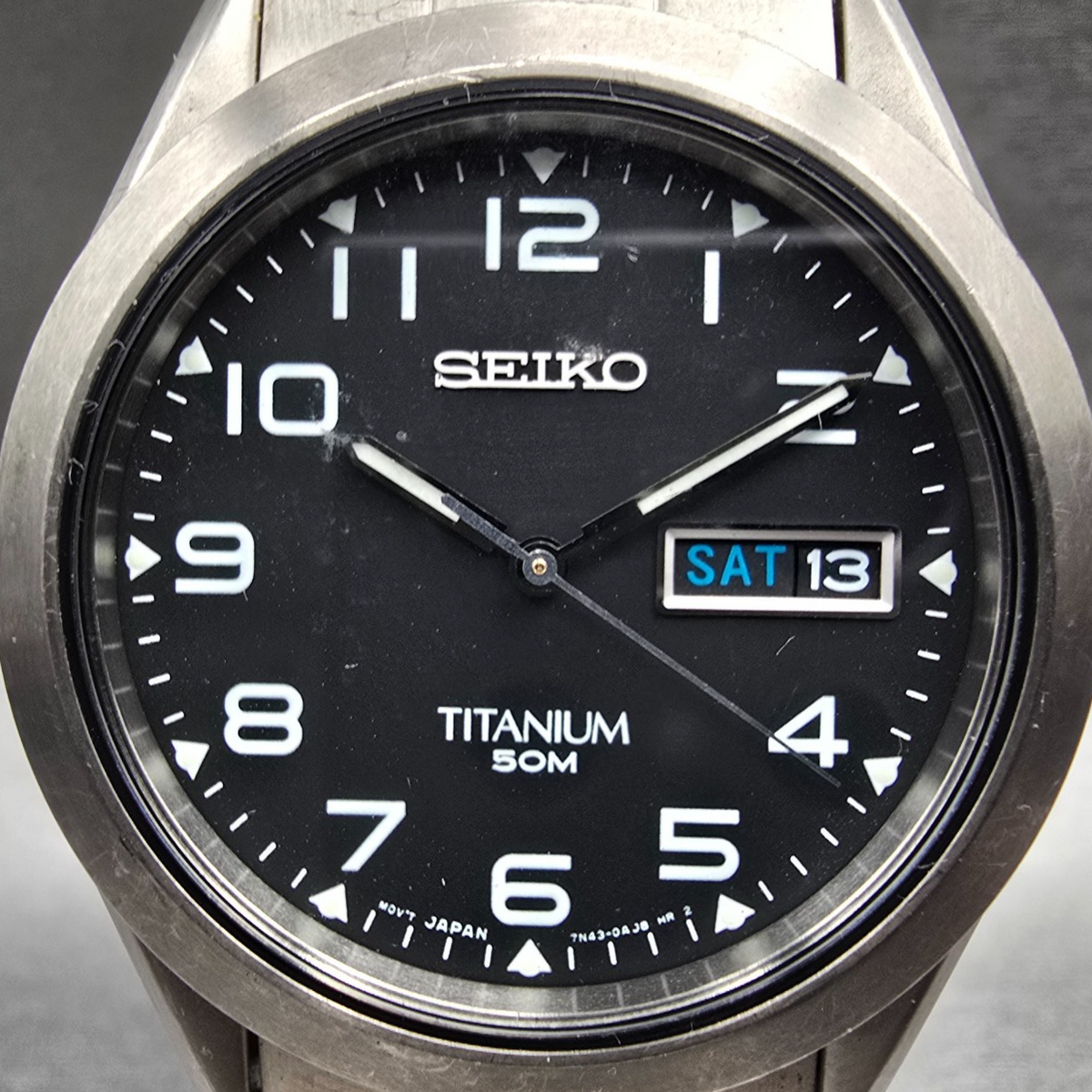 Seiko Watch Men 37mm Black Dial Titanium Daydate Round 7N43-0AB0 New Battery1