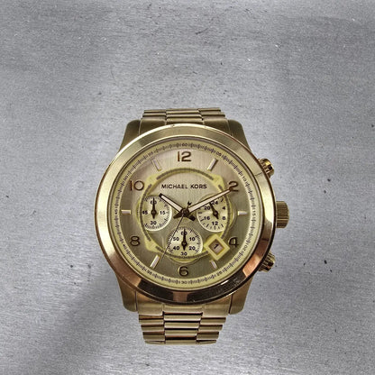 Michael Kors Runway Chronograph Watch Men 45mm Champagne Dial Gold Tone New Batt0