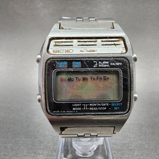 Seiko Digital Watch Men 34mm Digital Steel Alarm A134-5009 Rectangle PARTS