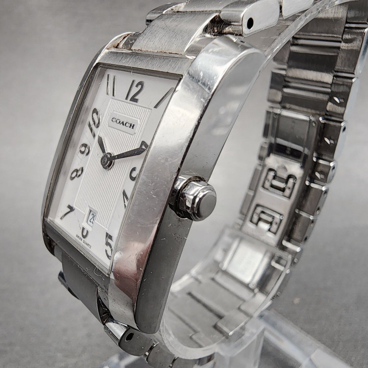 Coach Tank Watch Women 22mm White Dial Stainless Steel Date Rectangle New Batt4