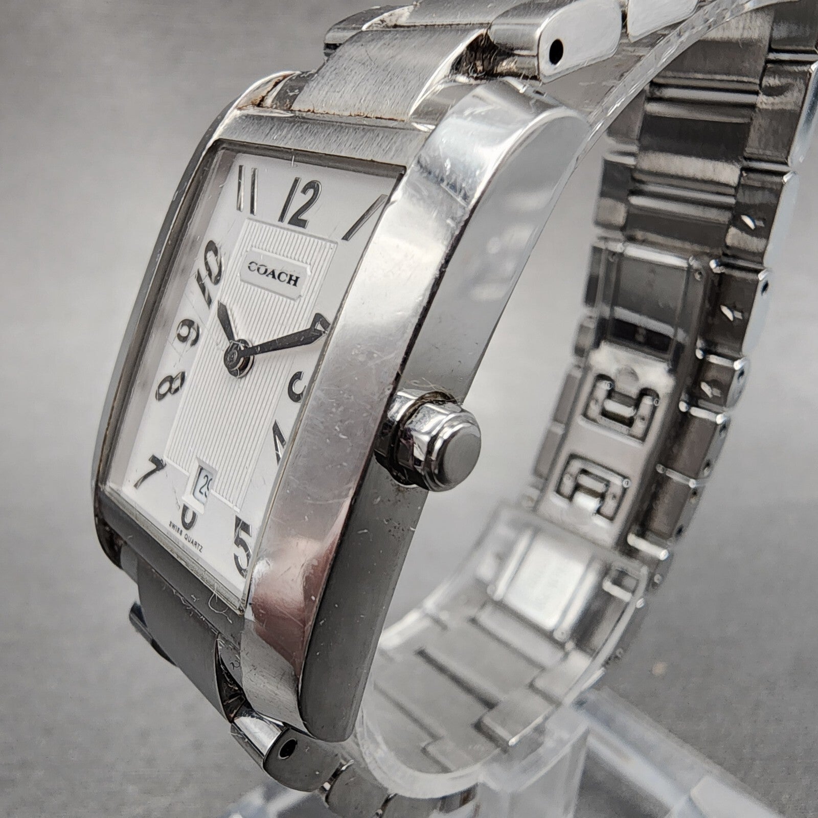 Coach Tank Watch Women 22mm White Dial Stainless Steel Date Rectangle New Batt4