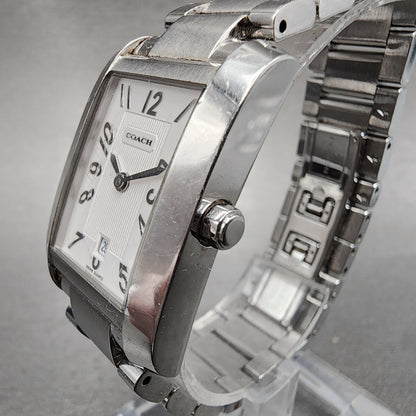 Coach Tank Watch Women 22mm White Dial Stainless Steel Date Rectangle New Batt4