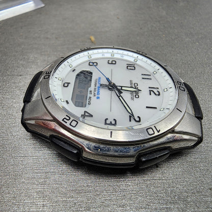 Casio Wave Ceptor Watch Men 43mm White Dial Steel Solar Analog Digital Works ABC5