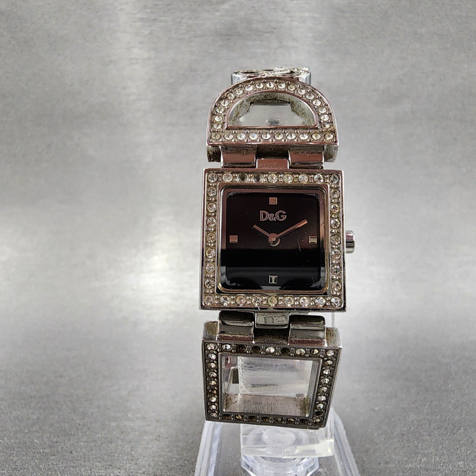 Dolce & Gabbana Tank Watch Women 21mm Black Dial Steel Crystal Accent New Batt5