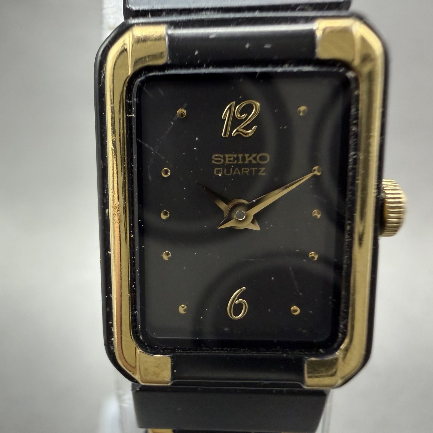 Seiko Tank Watch Women 14mm Black Dial Black & Gold Tone 2E20-5590 New Battery1