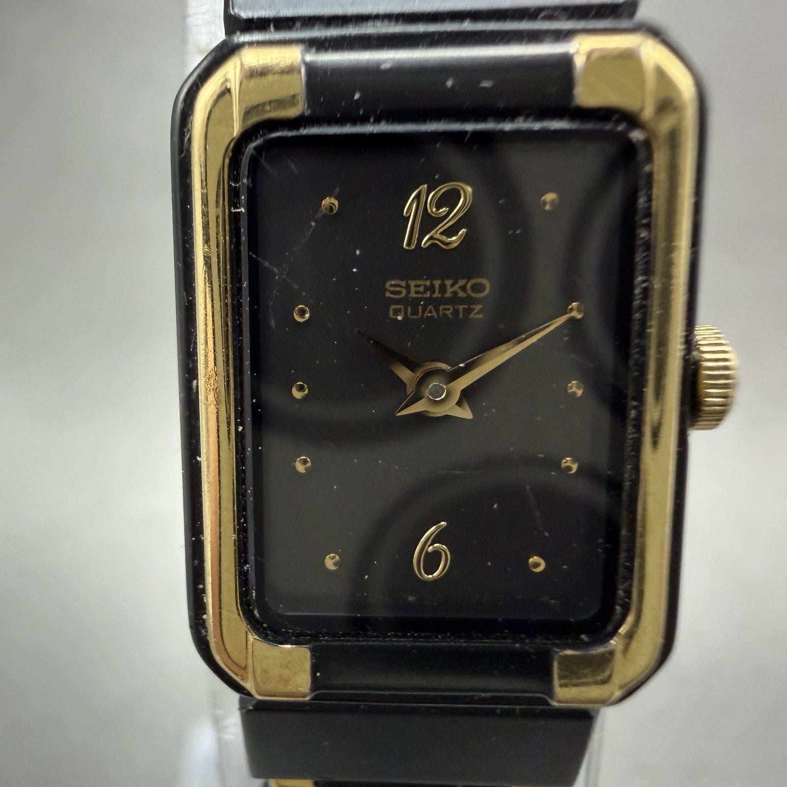 Seiko Tank Watch Women 14mm Black Dial Black & Gold Tone 2E20-5590 New Battery1