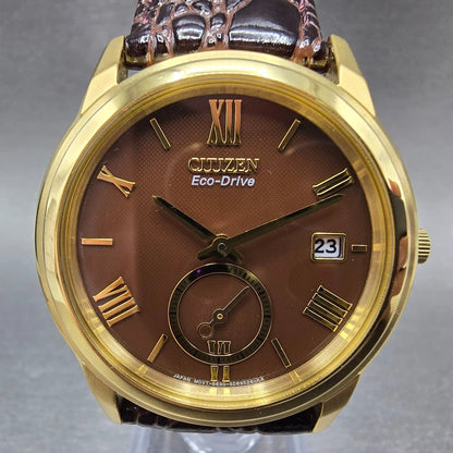 Citizen Eco-Drive Watch Men 37mm Brown Dial Gold Date Small Seconds Works WBox1