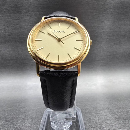 Bulova Watch Men 32mm Champagne Dial Gold Tone Round Leather  New Battery5