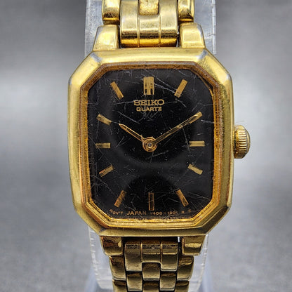 VTG Seiko Watch Women 17mm Black Dial Gold Tone Octagon V4005608 New Battery A11